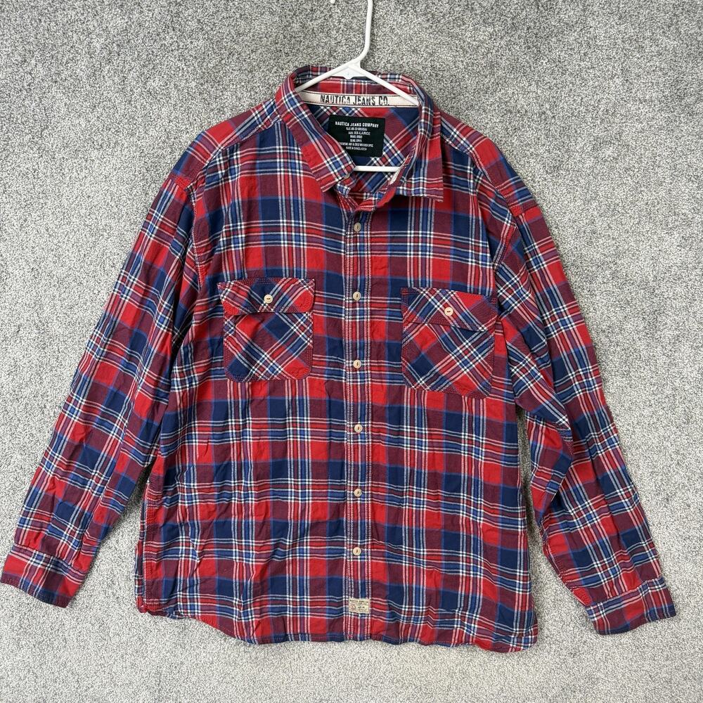 Nautica Jeans Flannel Shirt Mens 2XL Red Blue Plaid Workwear Utility Cabincore